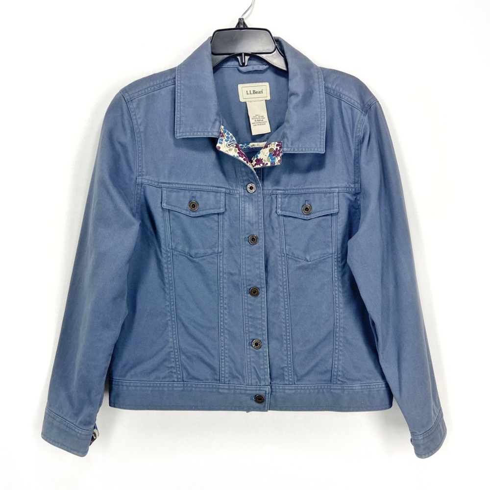 LL Bean Utility Blue Jacket Canvas Cotton Size L Metallic Button Up Floral Trim